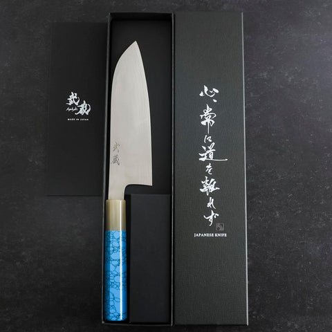 Santoku AUS-10 Nickel en Vagues Damas Manche en Buffle et Turquoise 170mm-[Musashi]-[Couteaux de cuisine japonais]