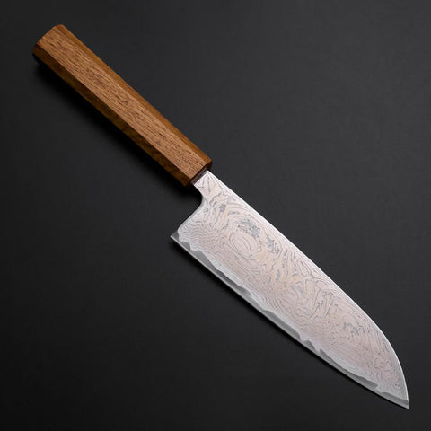 Santoku AUS-10 Nickel en Vagues Damas Manche en Chêne 165mm-[Musashi]-[Couteaux de cuisine japonais]