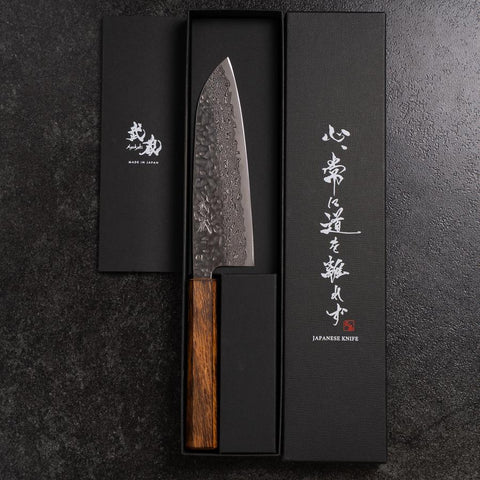 Santoku AUS-10 Tsuchime Damas Manche Sumi Urushi 165mm-[Musashi]-[Couteaux de cuisine japonais]