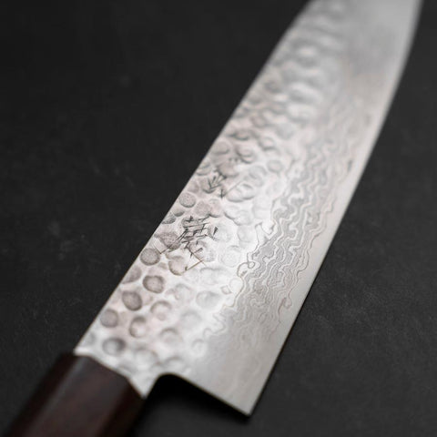 Santoku AUS-10 Tsuchime Damas Manche en Noyer et Bois de Rose 180mm-[Musashi]-[Couteaux de cuisine japonais]