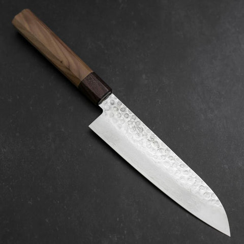 Santoku AUS-10 Tsuchime Damas Manche en Noyer et Bois de Rose 180mm-[Musashi]-[Couteaux de cuisine japonais]