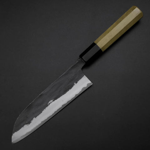 Santoku Blue Steel #1 Kurouchi Manche en Buffle et Magnolia 165mm-[Musashi]-[Couteaux de cuisine japonais]