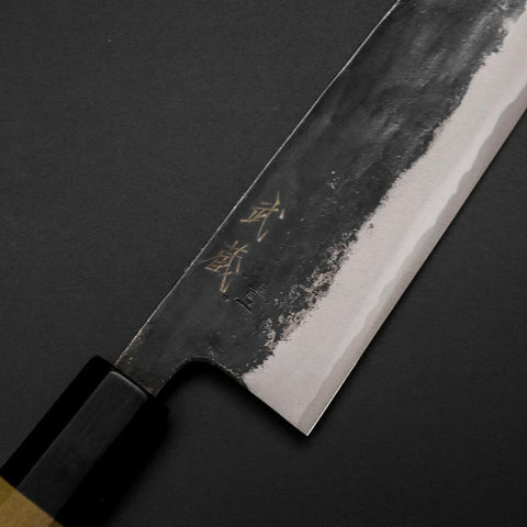 Santoku Blue Steel #1 Kurouchi Manche en Buffle et Magnolia 165mm-[Musashi]-[Couteaux de cuisine japonais]