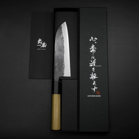 Santoku Blue Steel #1 Kurouchi Manche en Buffle et Magnolia 165mm-[Musashi]-[Couteaux de cuisine japonais]