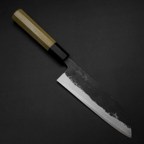 Santoku Blue Steel #1 Kurouchi Manche en Buffle et Magnolia 165mm-[Musashi]-[Couteaux de cuisine japonais]