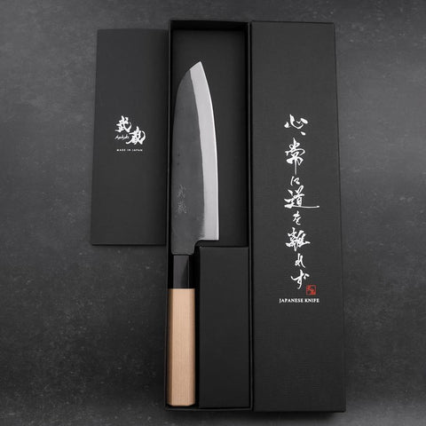 Santoku Blue Steel #1 Revêtement Inox Kurouchi Manche en Buffle et Magnolia 165mm-[Musashi]-[Couteaux de cuisine japonais]