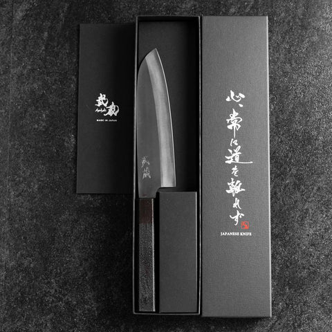 Santoku Blue Steel #1 Revêtement inox Kurouchi Manche Urushi Noir 165m-[Musashi]-[Couteaux de cuisine japonais]