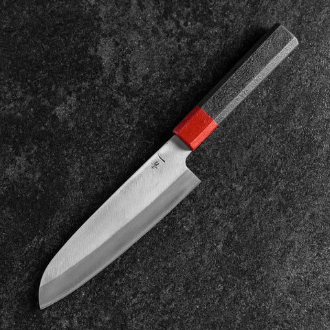 Santoku Blue Steel #1 Revêtement inox Kurouchi Manche Urushi Noir Rouge 165mm-[Musashi]-[Couteaux de cuisine japonais]