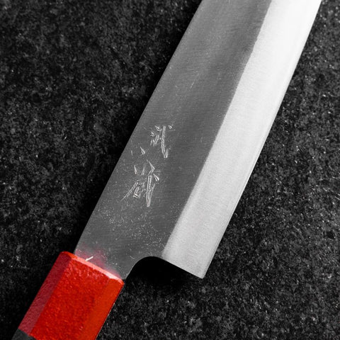 Santoku Blue Steel #1 Revêtement inox Kurouchi Manche Urushi Noir Rouge 165mm-[Musashi]-[Couteaux de cuisine japonais]