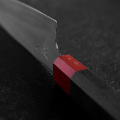 Santoku Blue Steel #1 Revêtement inox Kurouchi Manche Urushi Noir Rouge 165mm-[Musashi]-[Couteaux de cuisine japonais]
