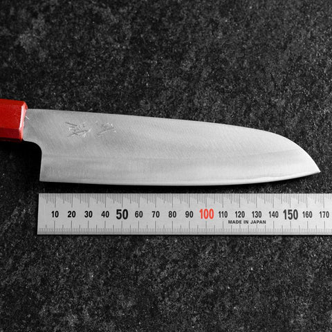 Santoku Blue Steel #1 Revêtement inox Kurouchi Manche Urushi Noir Rouge 165mm-[Musashi]-[Couteaux de cuisine japonais]