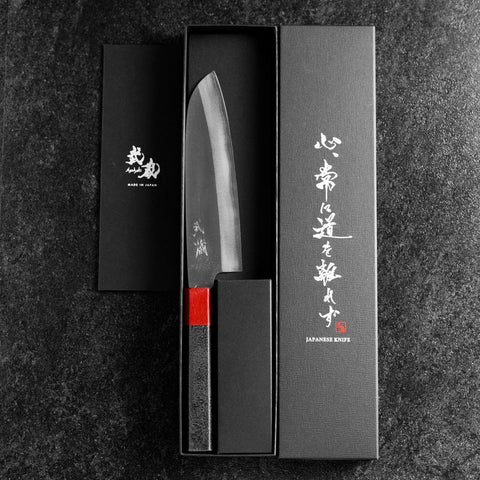 Santoku Blue Steel #1 Revêtement inox Kurouchi Manche Urushi Noir Rouge 165mm-[Musashi]-[Couteaux de cuisine japonais]