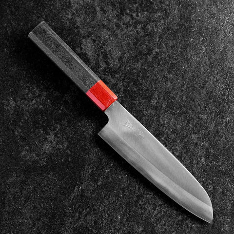 Santoku Blue Steel #1 Revêtement inox Kurouchi Manche Urushi Noir Rouge 165mm-[Musashi]-[Couteaux de cuisine japonais]
