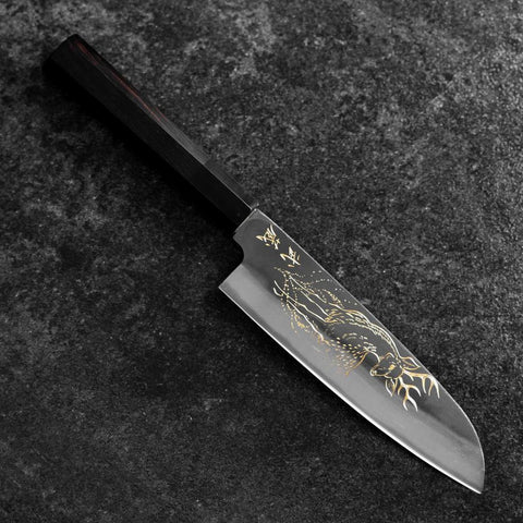 Santoku Blue Steel #2 Kurouchi Chokin Cerf Manche en Buffle et Ébène 165mm-[Musashi]-[Couteaux de cuisine japonais]