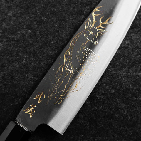 Santoku Blue Steel #2 Kurouchi Chokin Deer Buffalo Ebony Handle 165mm (6.5")-[Musashi]-[Japanese-Kitchen-Knives]