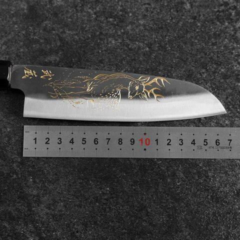 Santoku Blue Steel #2 Kurouchi Chokin Deer Buffalo Ebony Handle 165mm (6.5")-[Musashi]-[Japanese-Kitchen-Knives]
