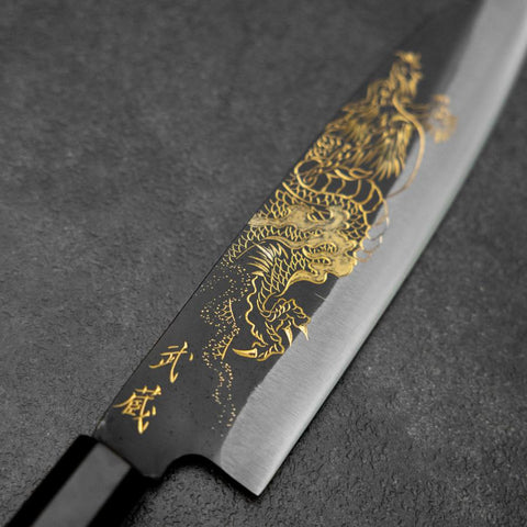 Santoku Blue Steel #2 Kurouchi Chokin Dragon Manche en Buffle et Ébène 165mm-[Musashi]-[Couteaux de cuisine japonais]