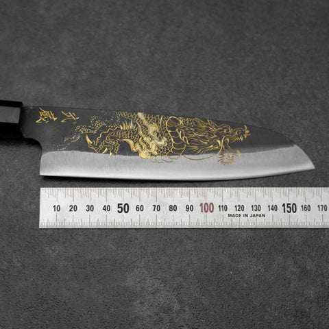 Santoku Blue Steel #2 Kurouchi Chokin Dragon Manche en Buffle et Ébène 165mm-[Musashi]-[Couteaux de cuisine japonais]