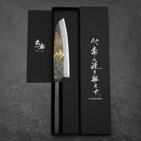 Santoku Blue Steel #2 Kurouchi Chokin Dragon Manche en Buffle et Ébène 165mm-[Musashi]-[Couteaux de cuisine japonais]