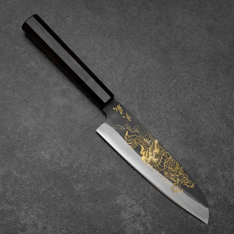 Santoku Blue Steel #2 Kurouchi Chokin Dragon Manche en Buffle et Ébène 165mm-[Musashi]-[Couteaux de cuisine japonais]