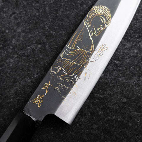 Santoku Blue Steel #2 Kurouchi Chokin Grand Bouddha Manche en Buffle et Ébène 165mm-[Musashi]-[Couteaux de cuisine japonais]