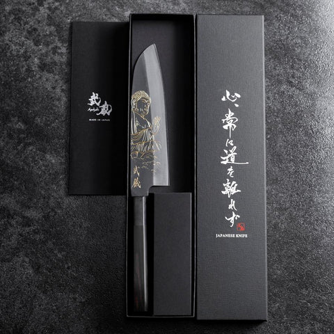 Santoku Blue Steel #2 Kurouchi Chokin Grand Bouddha Manche en Buffle et Ébène 165mm-[Musashi]-[Couteaux de cuisine japonais]
