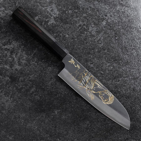Santoku Blue Steel #2 Kurouchi Chokin Grand Bouddha Manche en Buffle et Ébène 165mm-[Musashi]-[Couteaux de cuisine japonais]