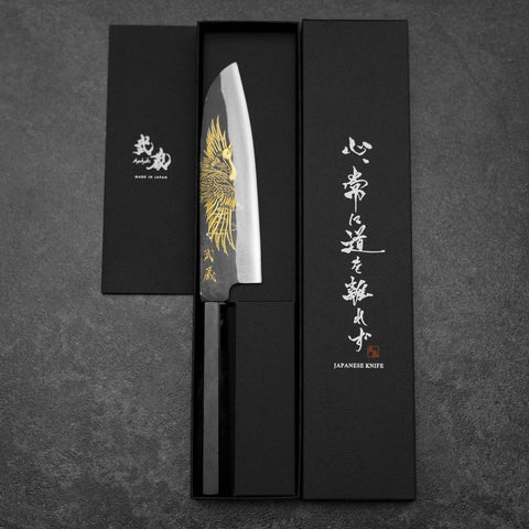 Santoku Blue Steel #2 Kurouchi Chokin Grue Manche en Buffle et Ébène 165mm-[Musashi]-[Couteaux de cuisine japonais]