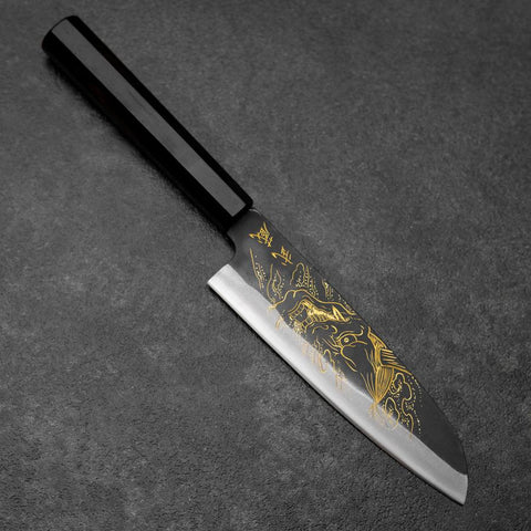 Santoku Blue Steel #2 Kurouchi Chokin Hannya Buffalo Ebony Handle 165mm-[Musashi]-[Japanese-Kitchen-Knives]