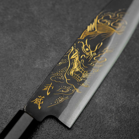 Santoku Blue Steel #2 Kurouchi Chokin Hannya Manche en Buffle et Ébène 165mm-[Musashi]-[Couteaux de cuisine japonais]