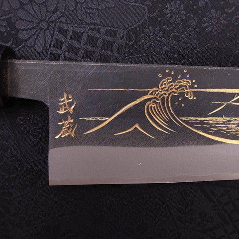 Santoku Blue Steel #2 Kurouchi Chokin Nami-Fuji Manche en Buffle et Ébène 170mm-[Musashi]-[Couteaux de cuisine japonais]