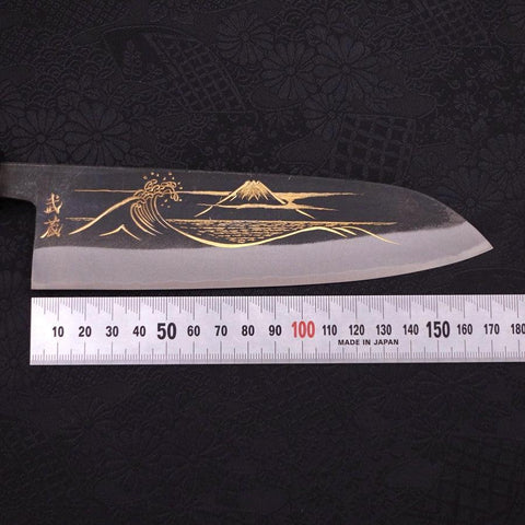 Santoku Blue Steel #2 Kurouchi Chokin Nami-Fuji Manche en Buffle et Ébène 170mm-[Musashi]-[Couteaux de cuisine japonais]