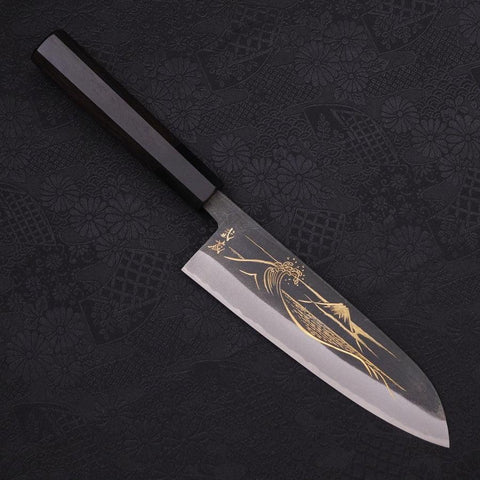 Santoku Blue Steel #2 Kurouchi Chokin Nami-Fuji Manche en Buffle et Ébène 170mm-[Musashi]-[Couteaux de cuisine japonais]