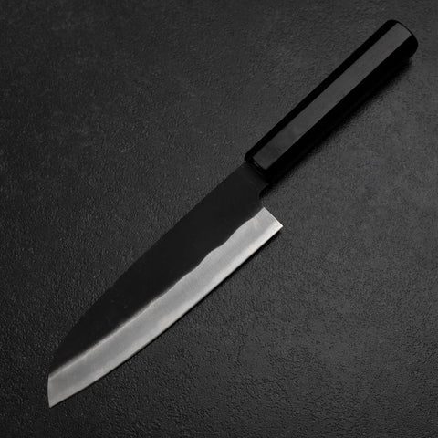 Santoku Blue Steel #2 Kurouchi Chokin Pagode à Cinq Etages Manche en Buffle et Ébène 165mm-[Musashi]-[Couteaux de cuisine japonais]