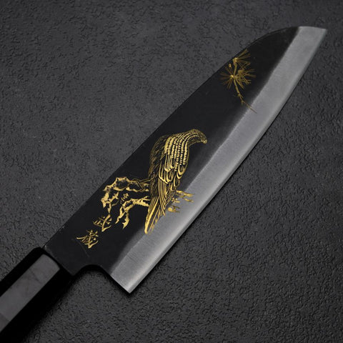 Santoku Blue Steel #2 Kurouchi Chokin Pin Aigle Manche en Buffle et Ébène Noir 165mm-[Musashi]-[Couteaux de cuisine japonais]