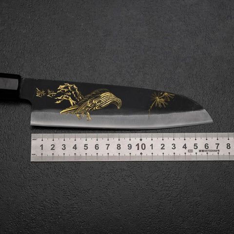 Santoku Blue Steel #2 Kurouchi Chokin Pin Aigle Manche en Buffle et Ébène Noir 165mm-[Musashi]-[Couteaux de cuisine japonais]