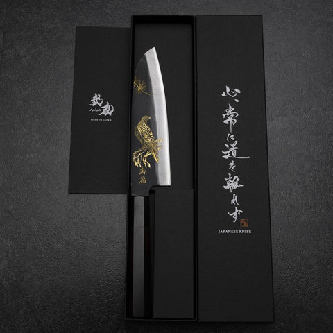 Santoku Blue Steel #2 Kurouchi Chokin Pin Aigle Manche en Buffle et Ébène Noir 165mm-[Musashi]-[Couteaux de cuisine japonais]