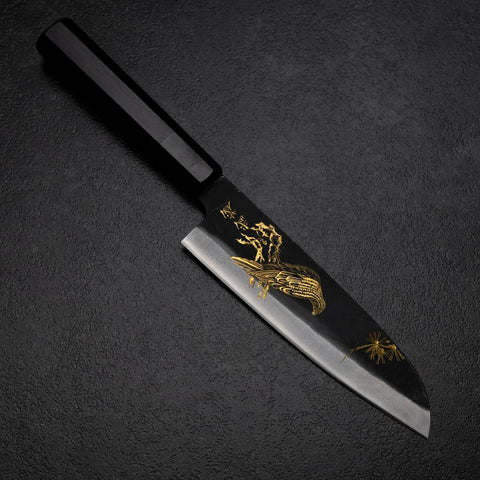 Santoku Blue Steel #2 Kurouchi Chokin Pin Aigle Manche en Buffle et Ébène Noir 165mm-[Musashi]-[Couteaux de cuisine japonais]
