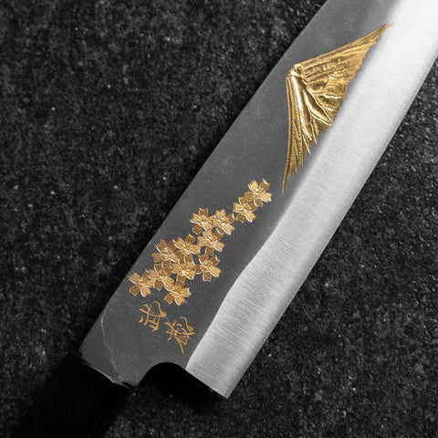 Santoku Blue Steel #2 Kurouchi Chokin Sakura-Fuji Manche en Buffle et Ébène 165mm-[Musashi]-[Couteaux de cuisine japonais]