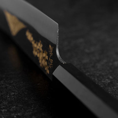 Santoku Blue Steel #2 Kurouchi Chokin Sakura-Fuji Manche en Buffle et Ébène 165mm-[Musashi]-[Couteaux de cuisine japonais]