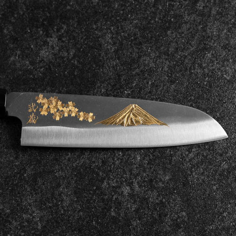 Santoku Blue Steel #2 Kurouchi Chokin Sakura-Fuji Manche en Buffle et Ébène 165mm-[Musashi]-[Couteaux de cuisine japonais]
