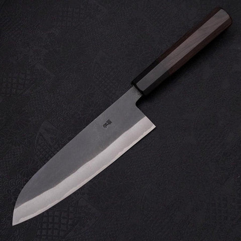 Santoku Blue Steel #2 Kurouchi Chokin Sakura-Fuji Manche en Buffle et Ébène 170mm-[Musashi]-[Couteaux de cuisine japonais]