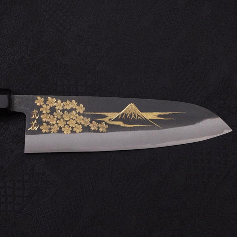 Santoku Blue Steel #2 Kurouchi Chokin Sakura-Fuji Manche en Buffle et Ébène 170mm-[Musashi]-[Couteaux de cuisine japonais]