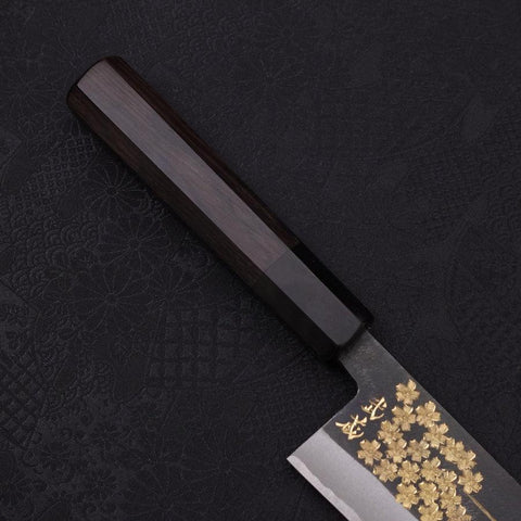 Santoku Blue Steel #2 Kurouchi Chokin Sakura-Fuji Manche en Buffle et Ébène 170mm-[Musashi]-[Couteaux de cuisine japonais]