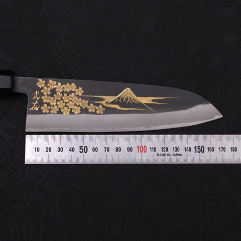 Santoku Blue Steel #2 Kurouchi Chokin Sakura-Fuji Manche en Buffle et Ébène 170mm-[Musashi]-[Couteaux de cuisine japonais]