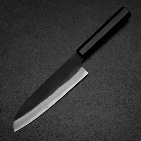 Santoku Blue Steel #2 Kurouchi Chokin Samourai Nouvelle Lune Manche en Buffle et Ébène 165mm-[Musashi]-[Couteaux de cuisine japonais]