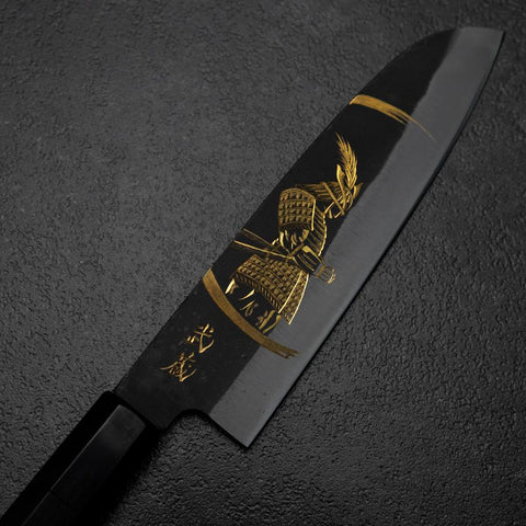 Santoku Blue Steel #2 Kurouchi Chokin Samourai Nouvelle Lune Manche en Buffle et Ébène 165mm-[Musashi]-[Couteaux de cuisine japonais]