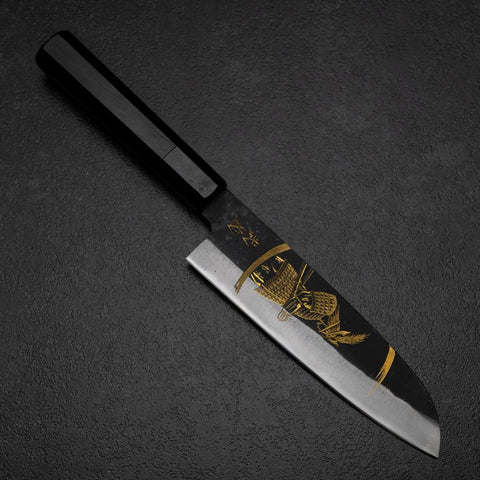 Santoku Blue Steel #2 Kurouchi Chokin Samourai Nouvelle Lune Manche en Buffle et Ébène 165mm-[Musashi]-[Couteaux de cuisine japonais]
