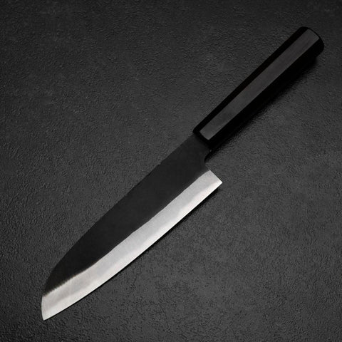 Santoku Blue Steel #2 Kurouchi Chokin Samourai Pleine Lune Manche en Buffle et Ébène Noir 165mm-[Musashi]-[Couteaux de cuisine japonais]