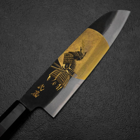 Santoku Blue Steel #2 Kurouchi Chokin Samourai Pleine Lune Manche en Buffle et Ébène Noir 165mm-[Musashi]-[Couteaux de cuisine japonais]